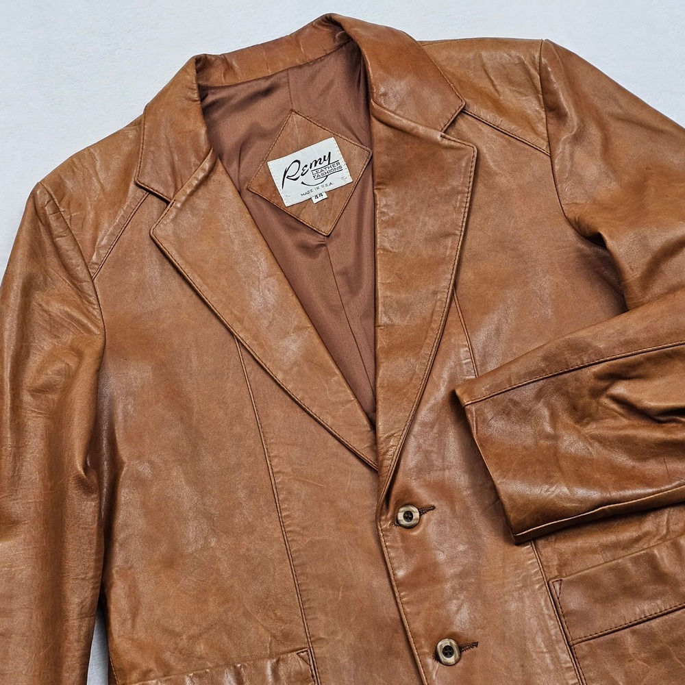 Remy Leather Blazer Mens 44 Tan Brown Vintage Patch Pocket USA Western 70s